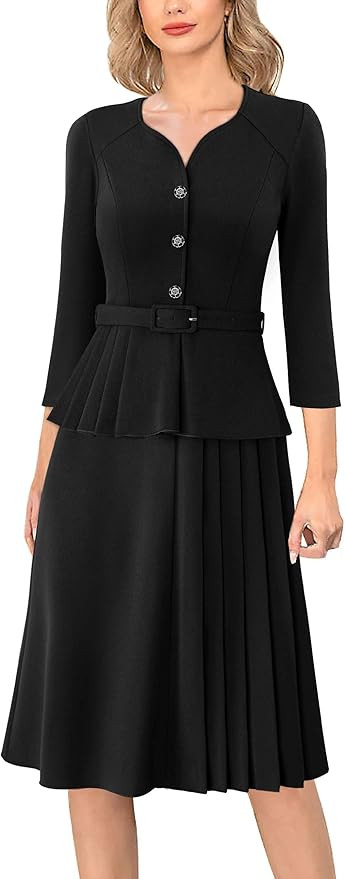VFSHOW Womens 2024 Office Business Work Sweetheart Neckline Buttons Belted Peplum Pleated A-line ... | Amazon (US)