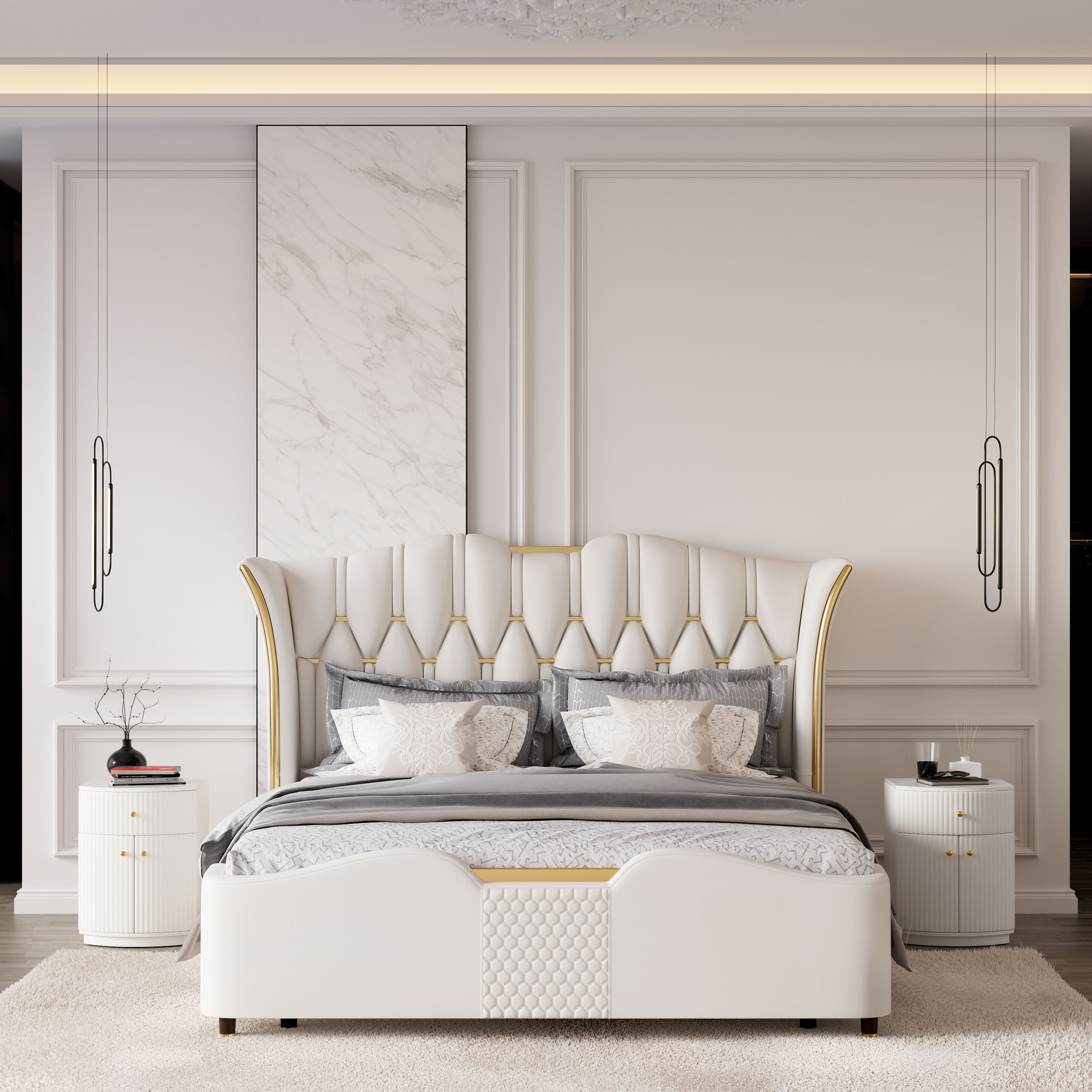 Modern Barrel White Fluted Nightstand in Faux Leather Bedside Table with Storage King Size Upholstered Bed Frame with Tufted Wingback Headboard | Homary