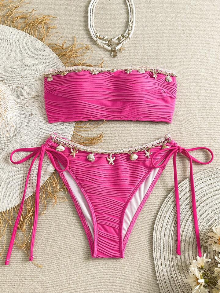 Swim Mod 2pcs Textured Solid Color Shell Tape Decor Halter Tie Bikini Set | SHEIN