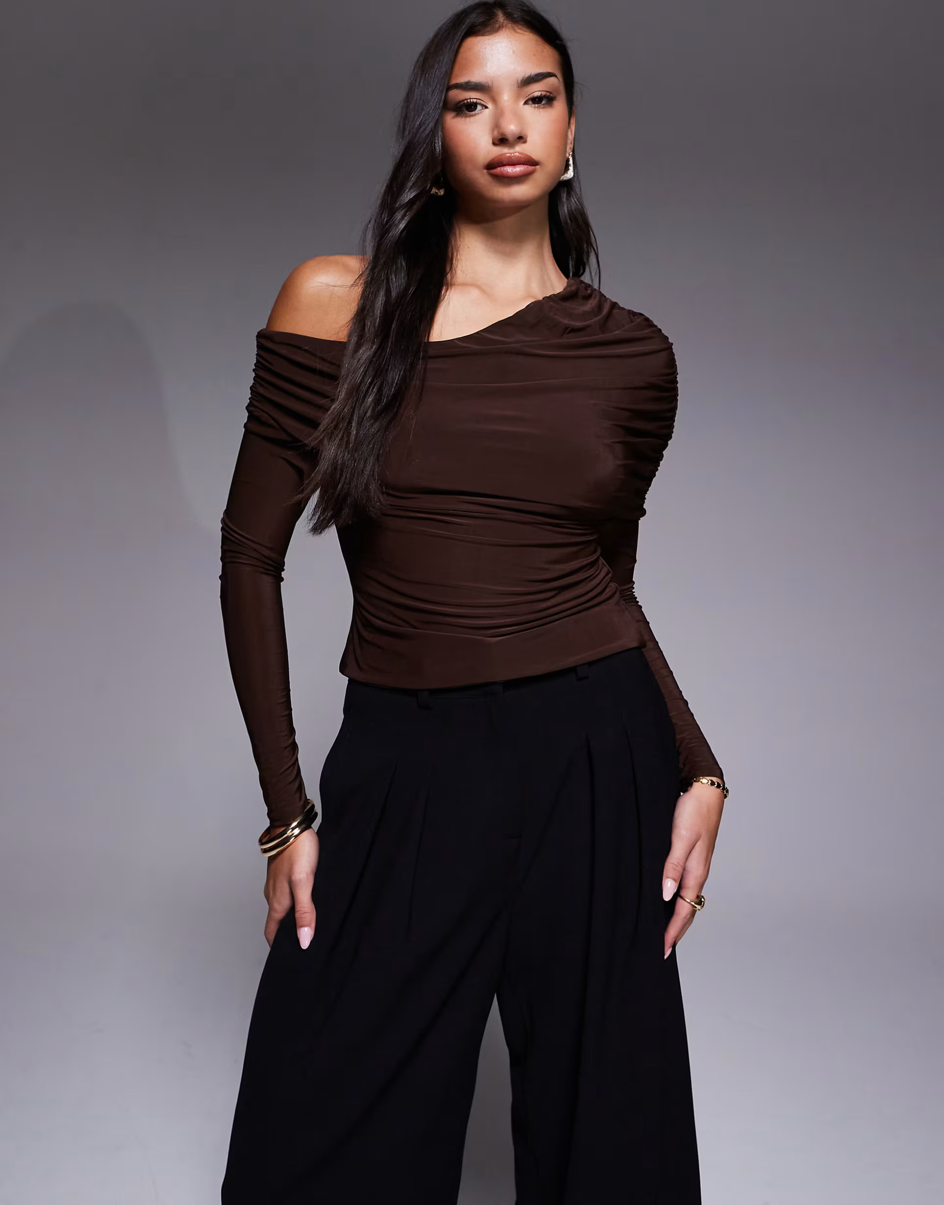 ASOS DESIGN slinky asymmetric cape shoulder long sleeve top in chocolate | ASOS | ASOS (Global)