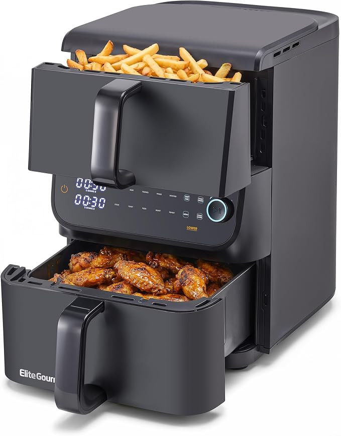 Elite Gourmet Dual Stacked Air Fryer, 10.5 Qt Capacity, PFAS Free Nonstick, 10 Presets, SYNC Cook... | Amazon (US)