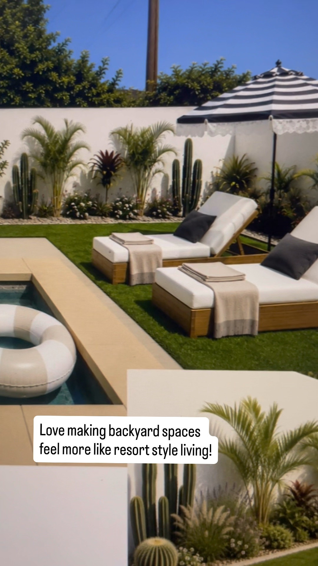 Backyard furniture for summer days by the pool. Chaise lounges that can go in the pool. Black and white stripe outdoor umbrella.

#LTKSeasonal #LTKHome