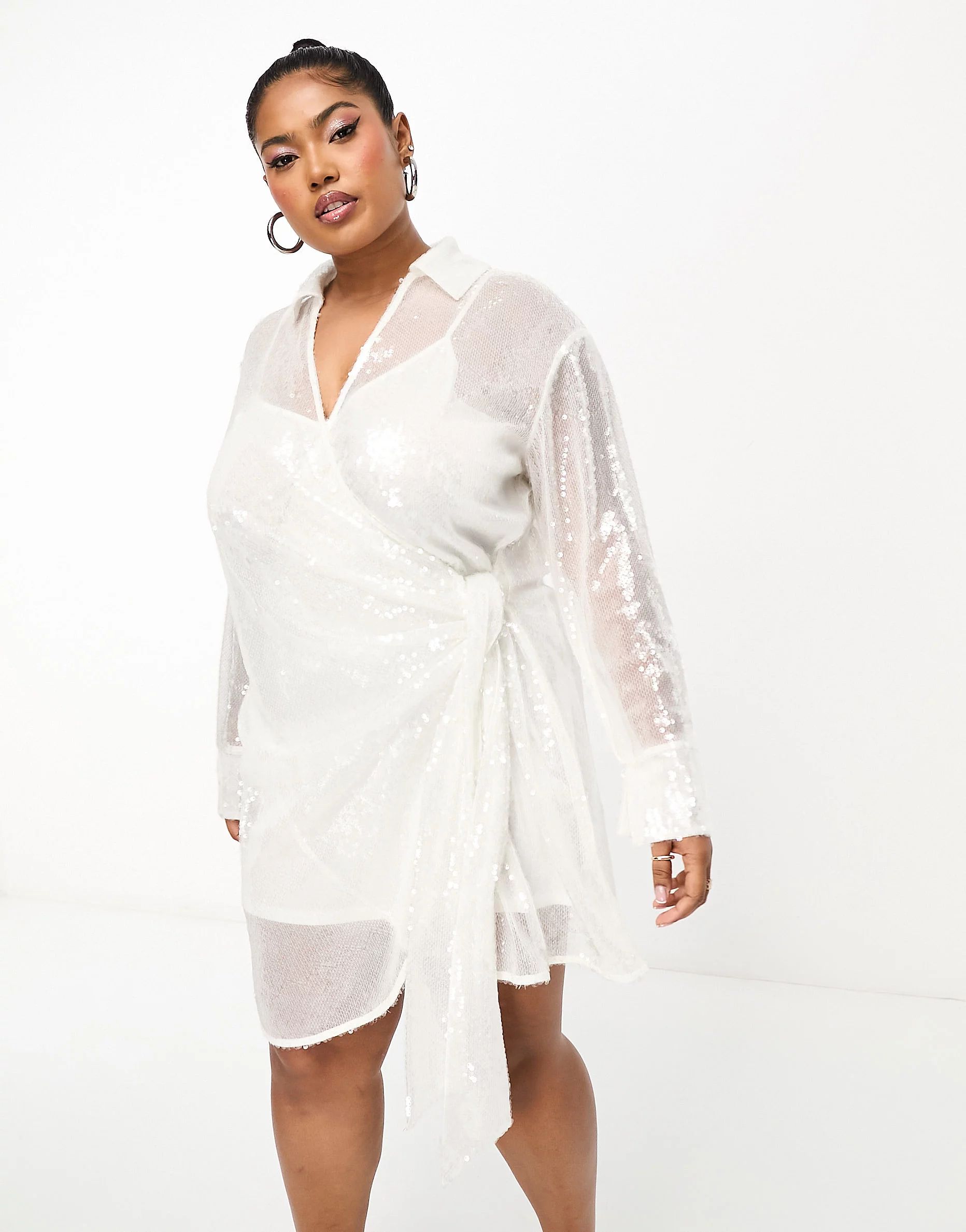 4th & Reckless Plus exclusive sequin tie side mini shirt dress in white iridescent | ASOS (Global)