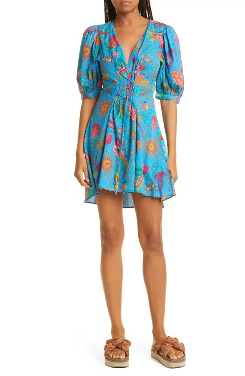 FARM Rio Ocean Stories Lace Up Cotton Minidress at Nordstrom, Size X-Large | Nordstrom