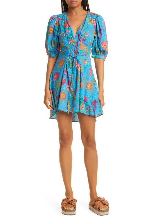 FARM Rio Ocean Stories Lace Up Cotton Minidress at Nordstrom, Size X-Large | Nordstrom
