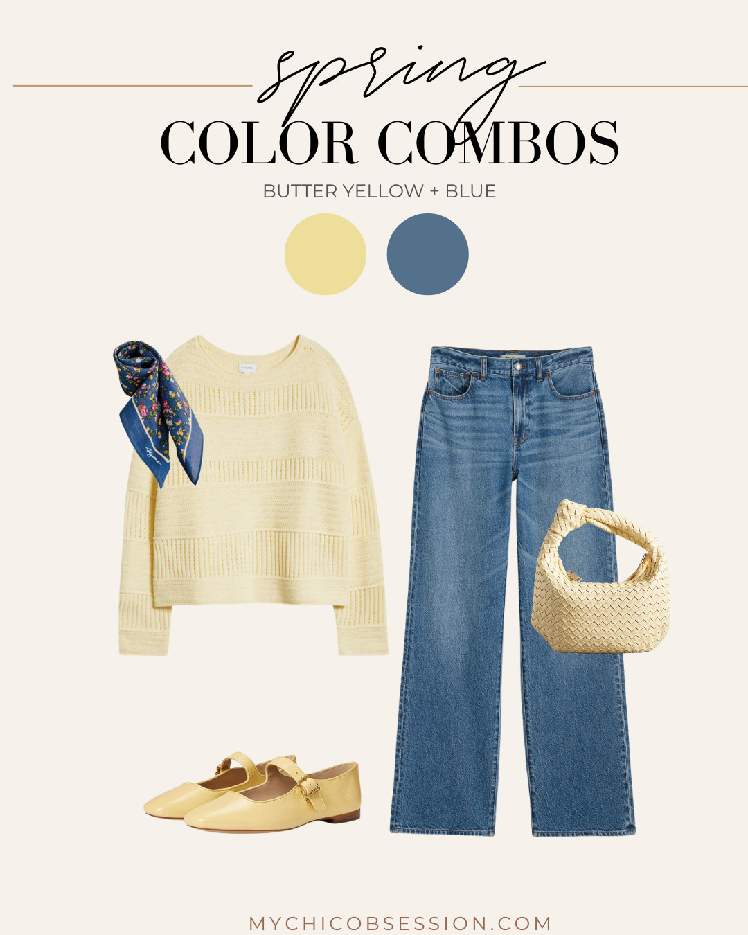 Butter yellow is already big for spring, and you can lean into the trending shade with a pale yellow sweater, a coordinating woven handbag, and Mary Jane flats. Add pops of blue with a Parisian neck scarf, and classic blue jeans for the perfect spring outfit idea. 

 #LTKSeasonal #LTKStyleTip #LTKShoeCrush
