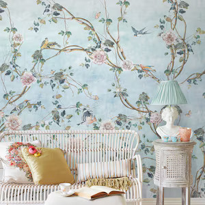 Spring Flowers Birds on The Yellow Background Floral Chinoiserie Wallpaper Self Adhesive Peel and... | Etsy (US)