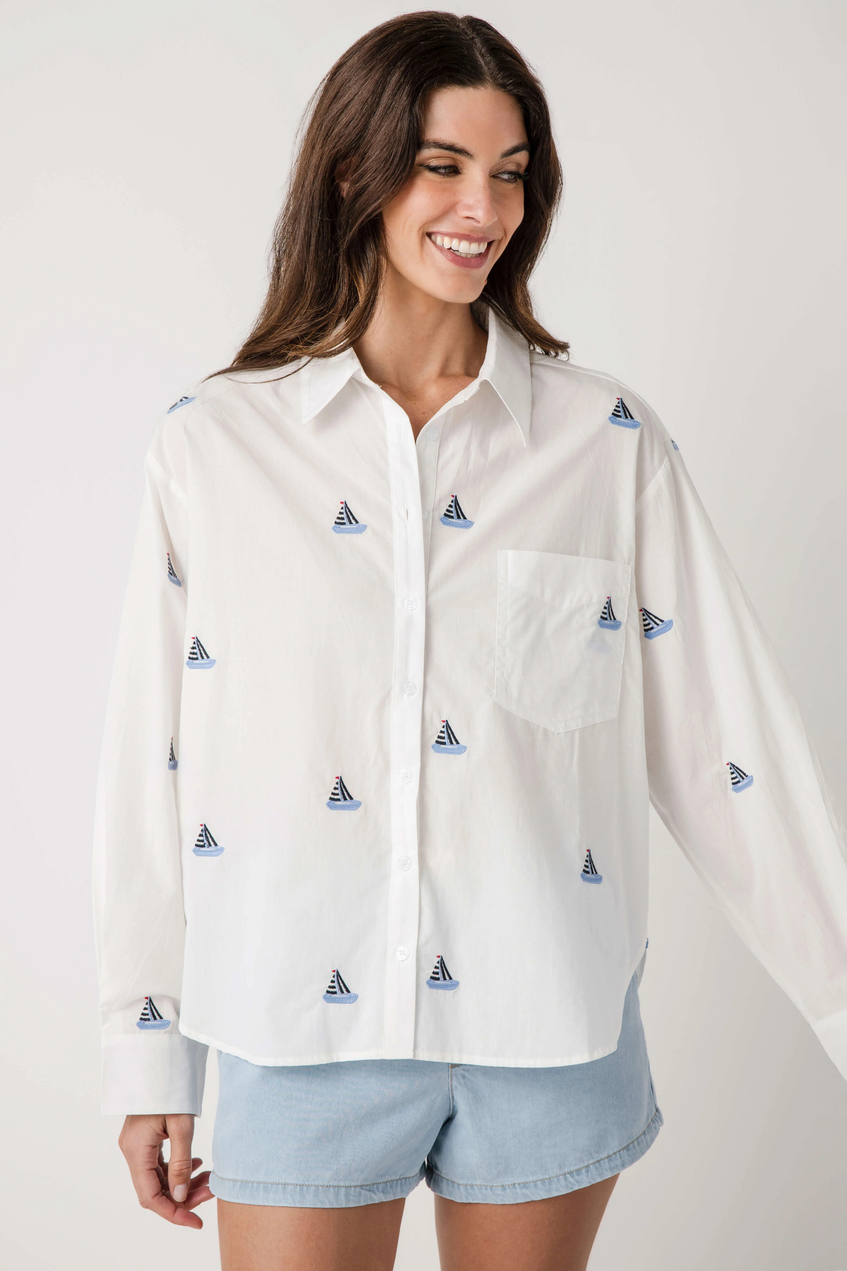 &Merci Sailboat Embroidery Button Down Shirt | Social Threads