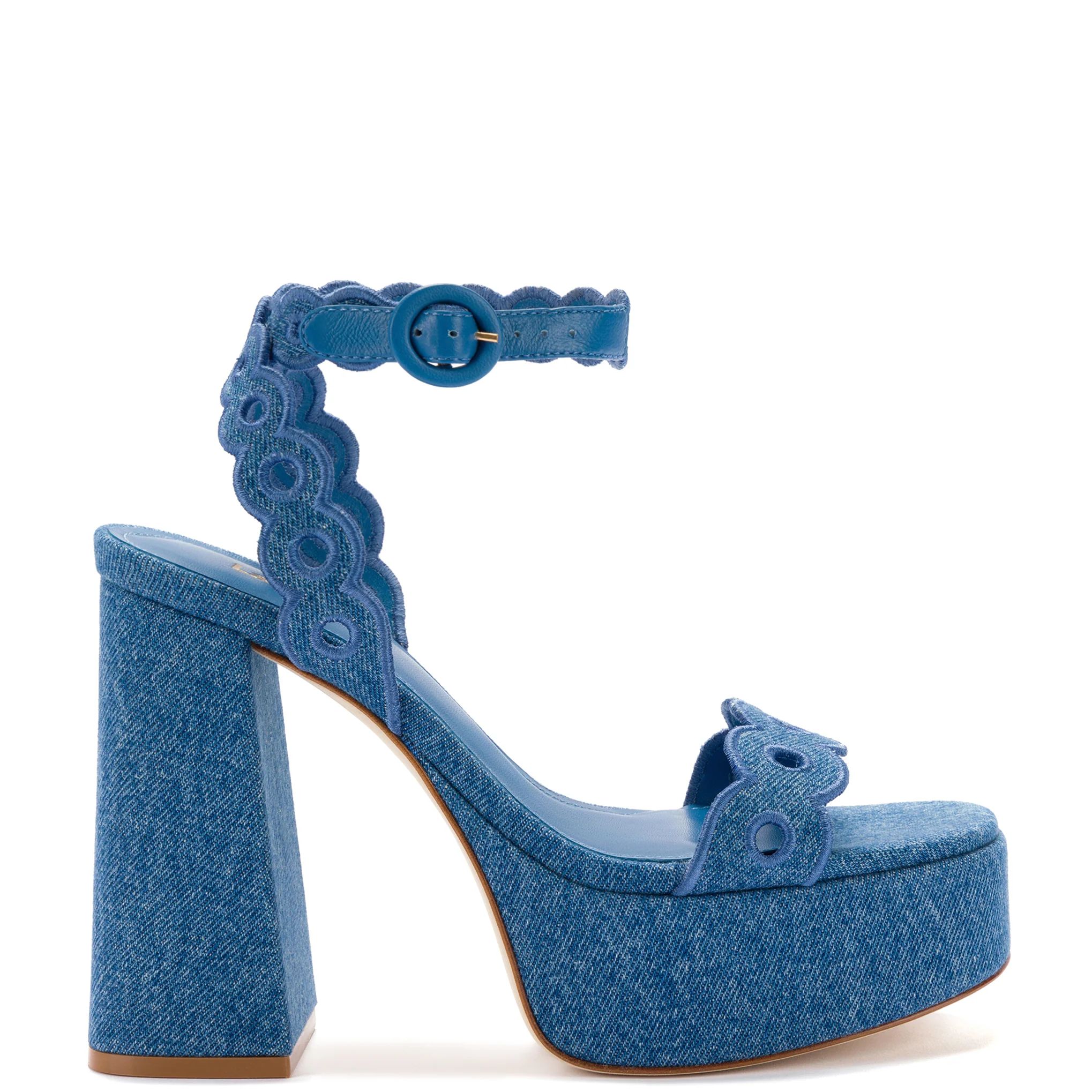 Dolly Broderie Sandal In Blue Stoned Denim | Larroude