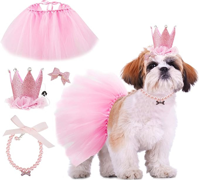 GAGILAND Dog Birthday Outfit Pink Puppy Tutu Adorable Dog Hat Necklace for Small Dogs Girl Puppy | Amazon (US)