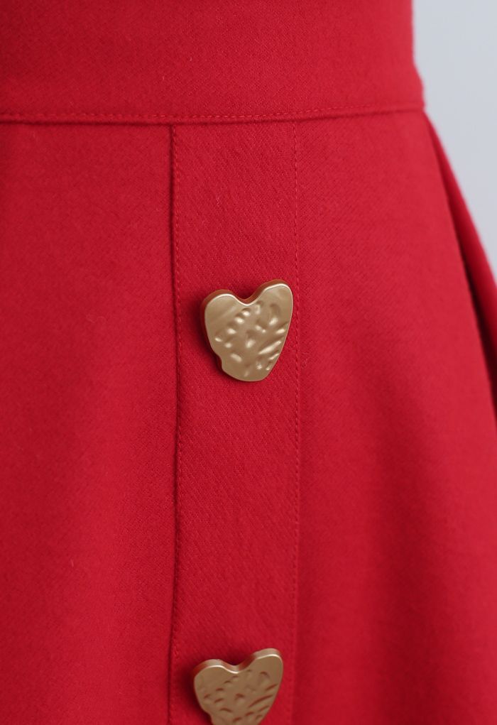 Heart Shape Button Embellished A-Line Midi Skirt in Red | Chicwish