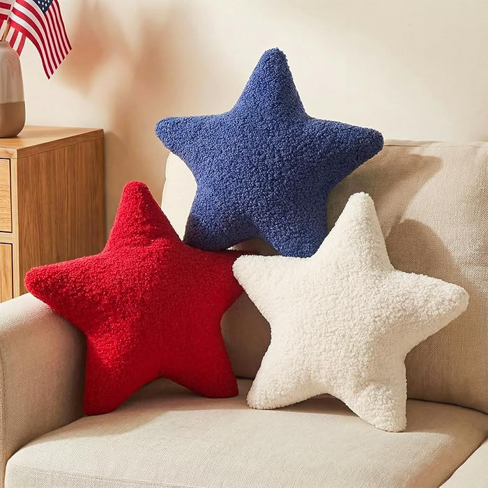 3 Pcs 4th of July Decorations Teddy Fleece Star Shaped 13 x 13 inch Throw Pillows, Rustic Fluffy ... | Amazon (US)