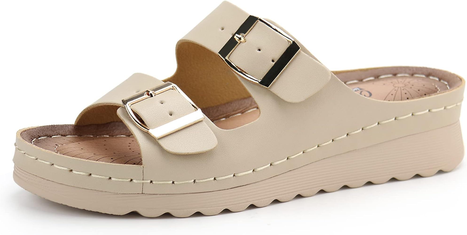 JABASIC Women Comfort Slides Sandals Double Buckle Adjustable Slip On Platform Sandal | Amazon (US)