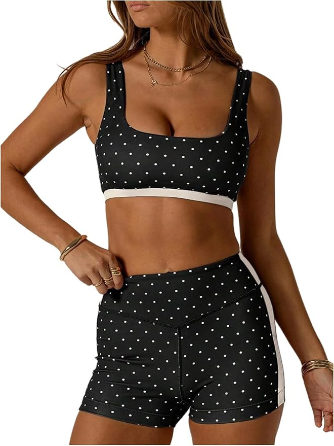 Milumia Women's Polka Dots Workout Set 2 Piece Color Block Yoga Outfit Bra Tank High Waisted Bike... | Amazon (US)