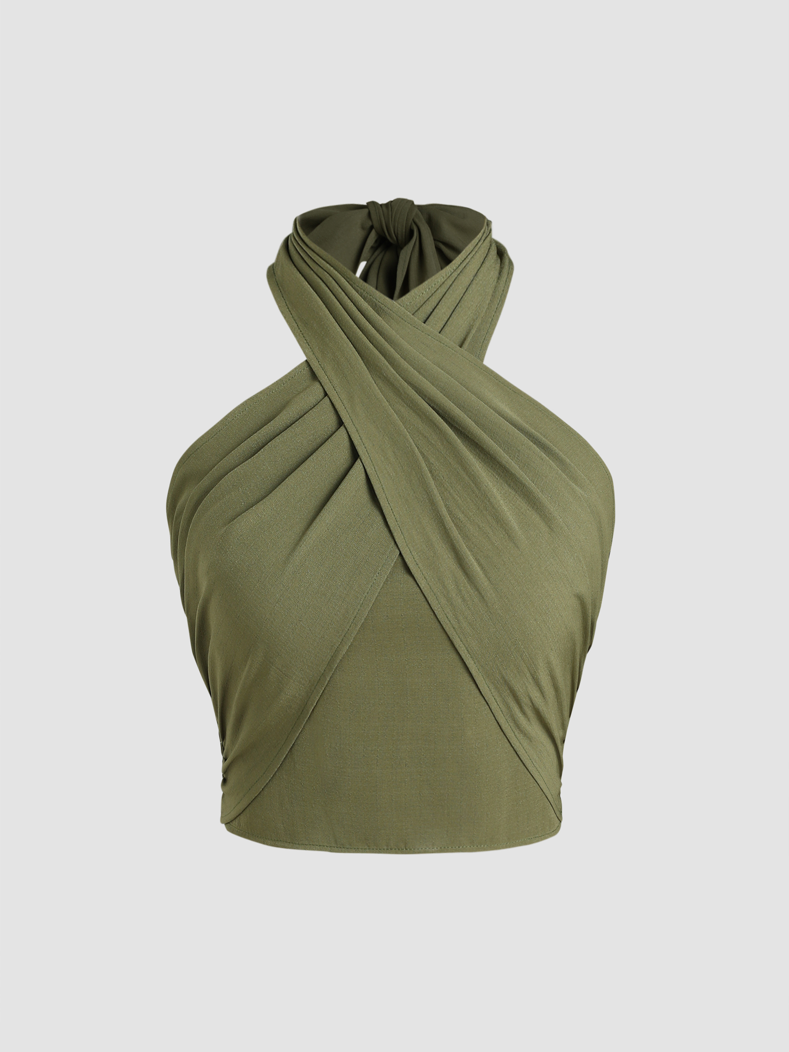 Halter Tops Woven Cross Halter Shirred Back Crop Top For Date | Cider