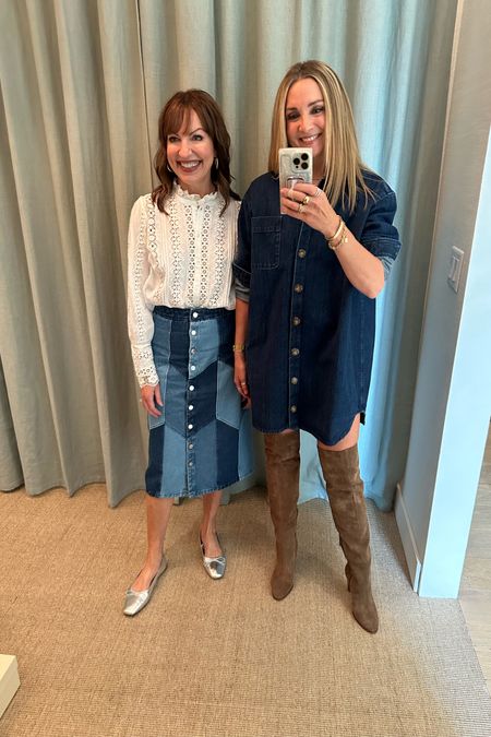 Sezane denim skirt and denim dress, white blouse, over the knee boots, work outfit, fall style

#LTKworkwear #LTKstyletip #LTKover40