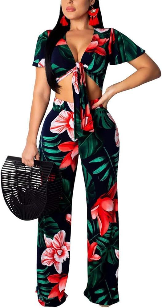 Women's Elegant Two Piece Outfits Sexy V Neck Off Shoulder Long Straight Pants Floral Jumpsuits | Amazon (US)