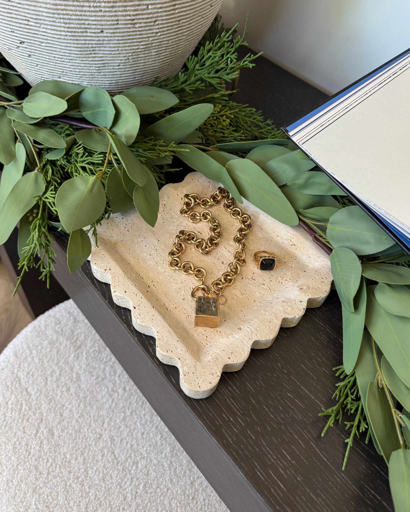 Travertine tray, necklace and ring 


#LTKU #LTKOver40 #LTKHome