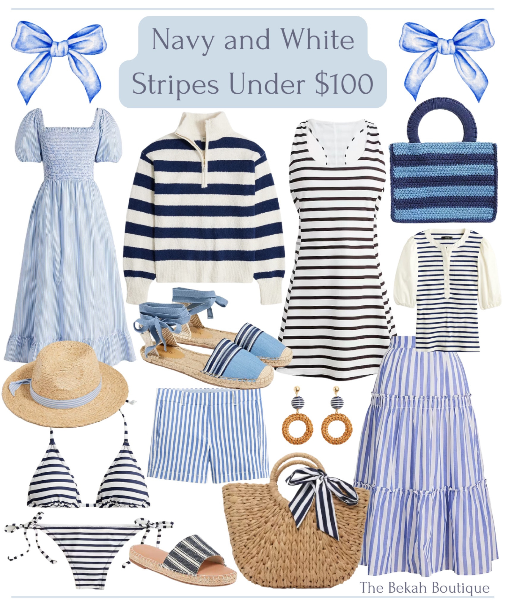 Navy and white stripes under $100, stripes, striped, blue and white, summer, summer outfit, summer dress, grand millennial, Coastal grandmother, beachy, east coast, preppy, classic, feminine, striped midi dress, striped quarter zip sweater, striped athleisure dress, striped handbag, striped top, striped beach hat, striped espadrilles, striped earrings, striped mini skirt, striped straw tote bag, striped bikini, striped shorts, j. Crew, j. Crew Factory, old navy, under $50, under $100 

#LTKunder100 #LTKunder50 #LTKFind
