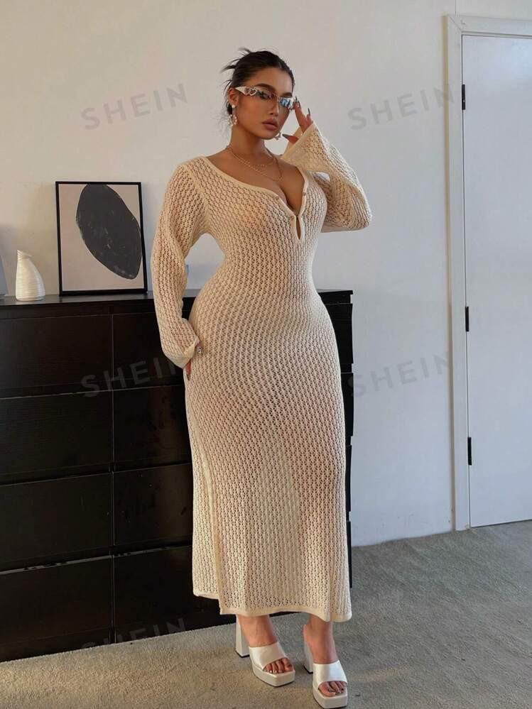 SHEIN ICON Plus Size Solid Color Hollow-Out Long Knit Backless Dress, Spring & Summer | SHEIN