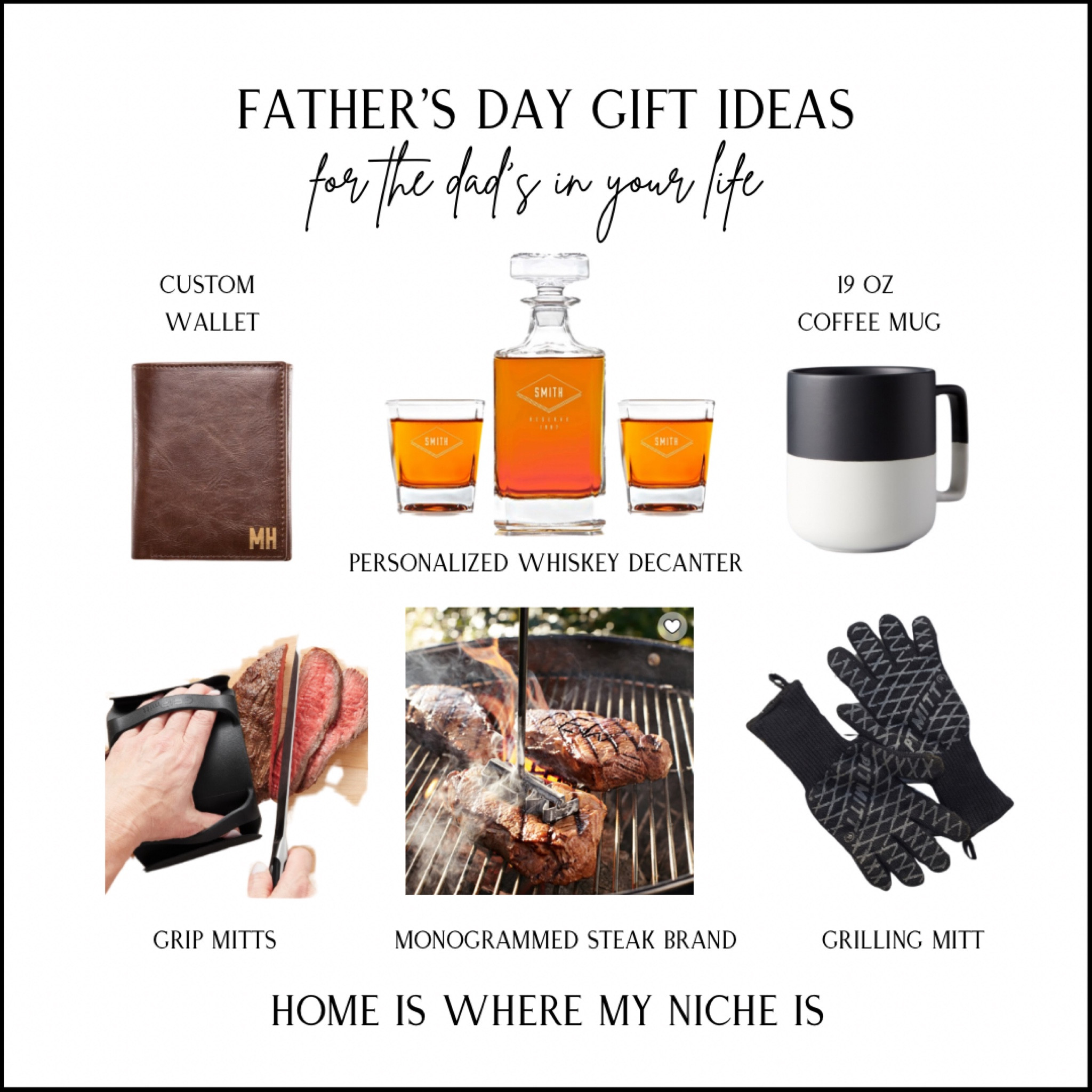 H I M / Father’s Day gift guide for the dad’s in your life

+ custom leather wallet
+ personalized whiskey decanter set
+ 19 oz black & white ceramic mug
+ BBQ grip mitts
+ monogrammed steak brand
+ grilling mitts

#LTKcanada #LTKmens #LTKsummer