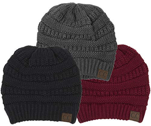 Funky Junque Skull Cap Beanie for Women – Womens Winter Hat Slouchy Style, Warm Soft Unisex Knit Hats, Trendy Beanies, Mens Toboggan Cold Weather - 3 Pack - Black, Burgundy, Dk Melange Grey | Amazon (US)