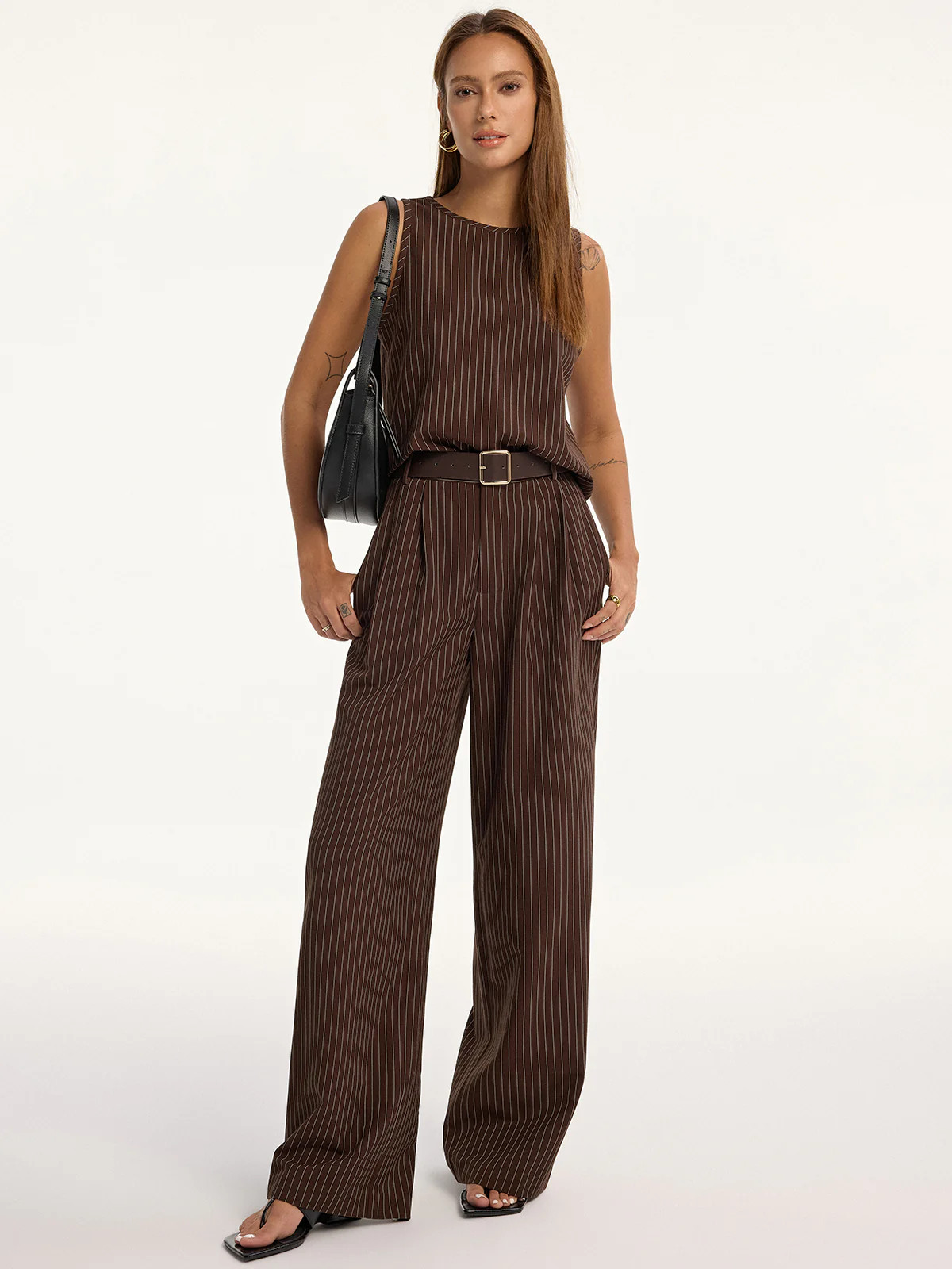 Pinstripe Sleeveless Top and Pants Set with Belt | Commense