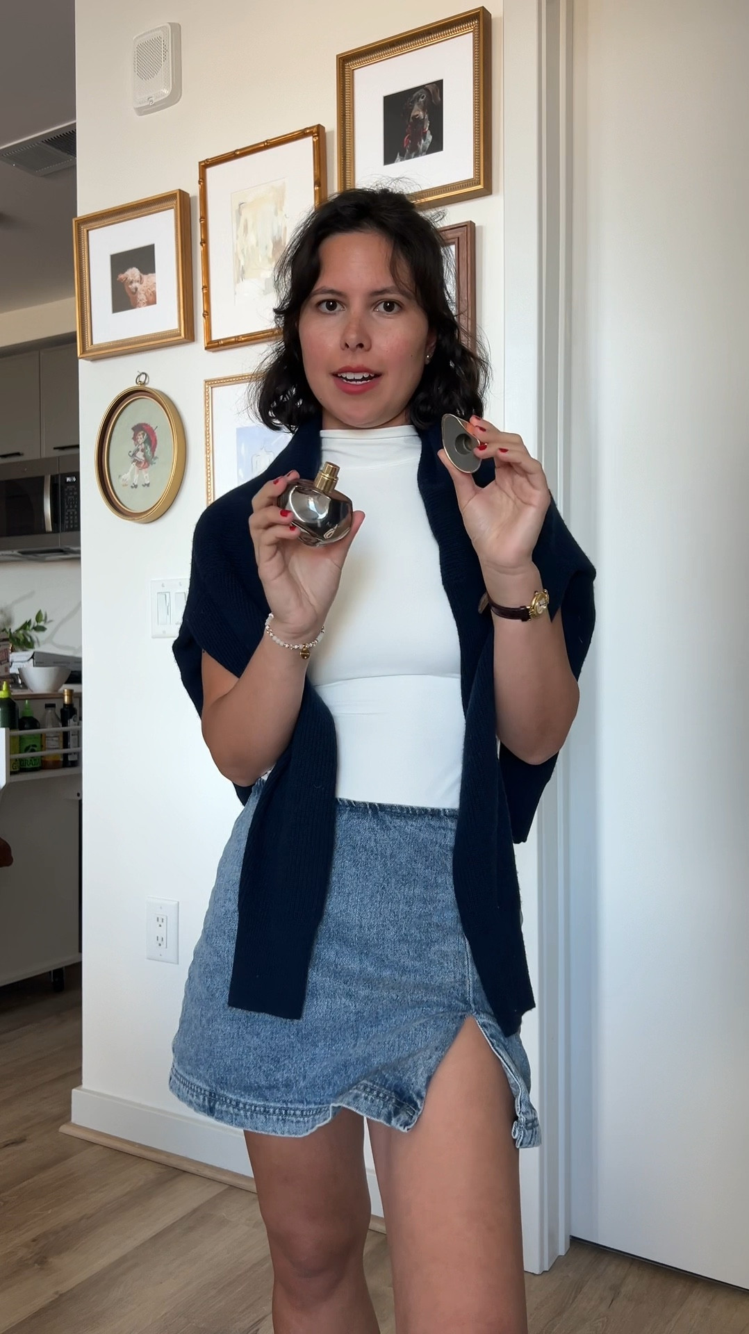 Navy sweater, mock neck, white bodysuit not see through, denim skirt, skort 

#LTKStyleTip #LTKVideo #LTKFindsUnder100