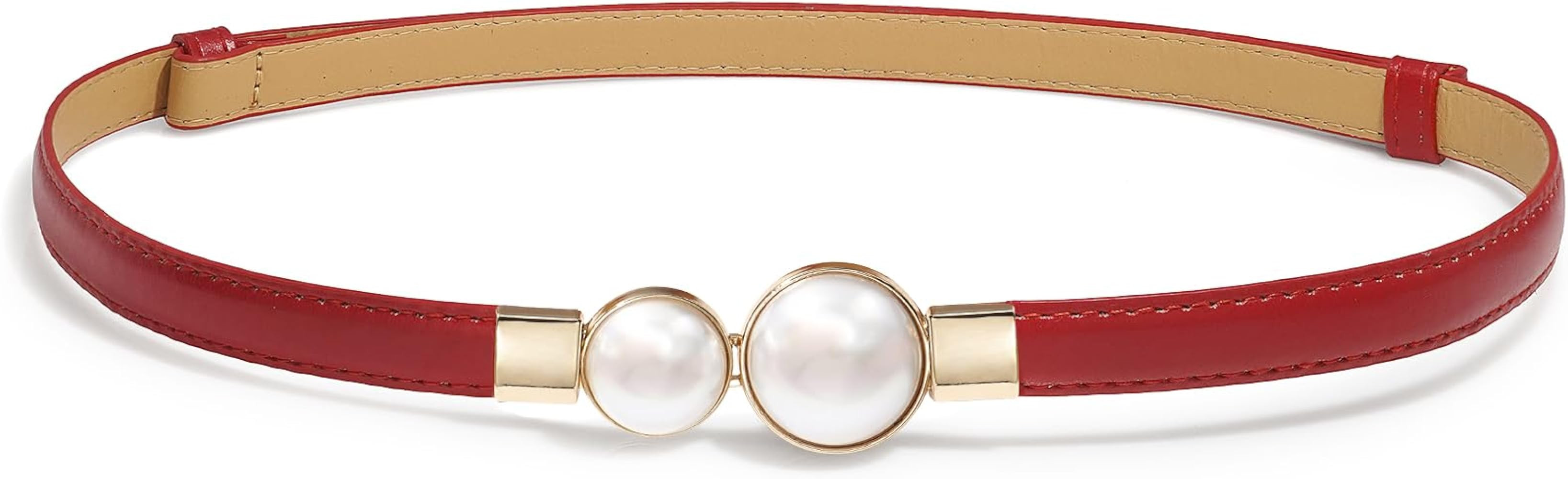 Skinny Belts for Women Thin PU Leather Pearl Buckle Belt for Dresses | Amazon (US)