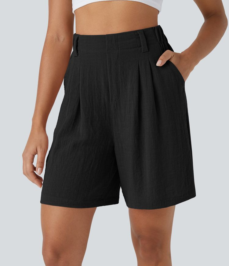 Women’s High Waisted Pocket Wide Leg Casual Linen-Feel Bermuda Shorts - Halara | HALARA
