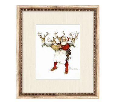 Santa and Reindeer Getting Ready Framed Print by Norman Rockwell | Pottery Barn (US)