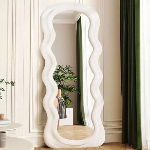 Dewfig Full Length Mirror, 63" x 24"Irregular Wavy mirror, Large Floor Length Mirror Wall Mounted, Standing Wavy Mirror with Flannel Wrapped Wooden Frame for Bedroom/Living Room, White | Amazon (US)