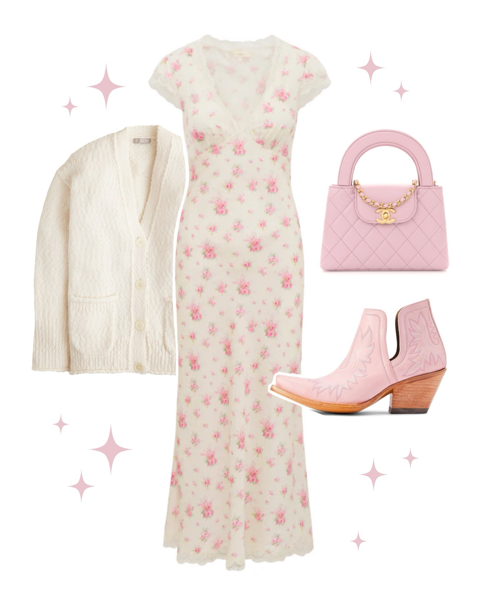 Country spring summer floral outfit inspo ✨ LoveShackFancy Theodore silk maxi dress, Chanel handbag quilted bag nano Kelly shopper light pink, Ariat Dixon bootie powder pink, j crew relaxed cardigan cozy textured yarn ✨ nashville, southern, feminine

#LTKMidsize #LTKSeasonal #LTKOver40