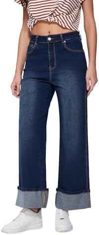 Vinova Womens Wide Leg Baggy Jeans Stretchy Folded Hem Cuffed Boyfriend Denim Pants Trendy Straig... | Amazon (US)