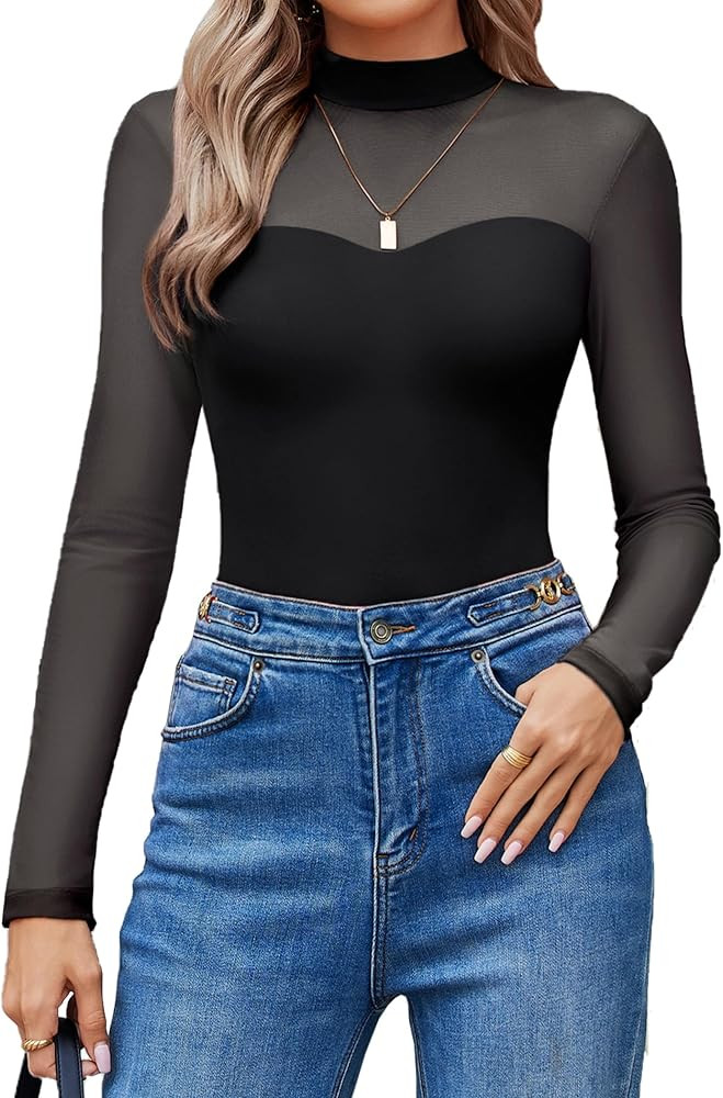 Avidlove Long Sleeve Bodysuits for Women Mock Neck Sheer Mesh Sleeve Bodysuit Double Lined Leotar... | Amazon (US)