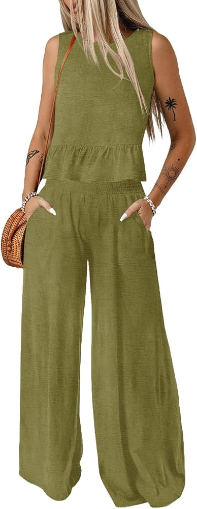 Dokotoo Womens 2 Piece Outfits Tank Tops Elastic Waist Wide Leg Pants Sets | Amazon (US)