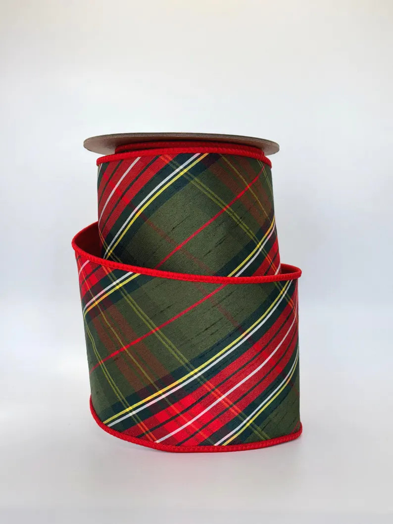 4" Red and Green Diagonal Christmas Plaid Wired Ribbon 5 Yds - Etsy | Etsy (US)