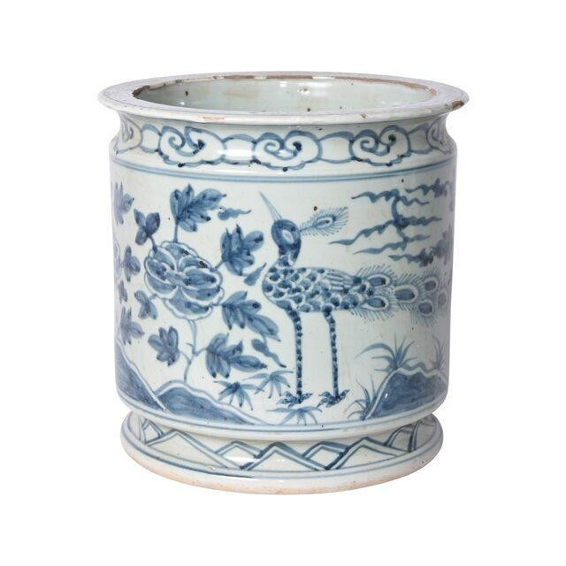Orchid Pot Blue and White, Bird Motif | Burke Decor
