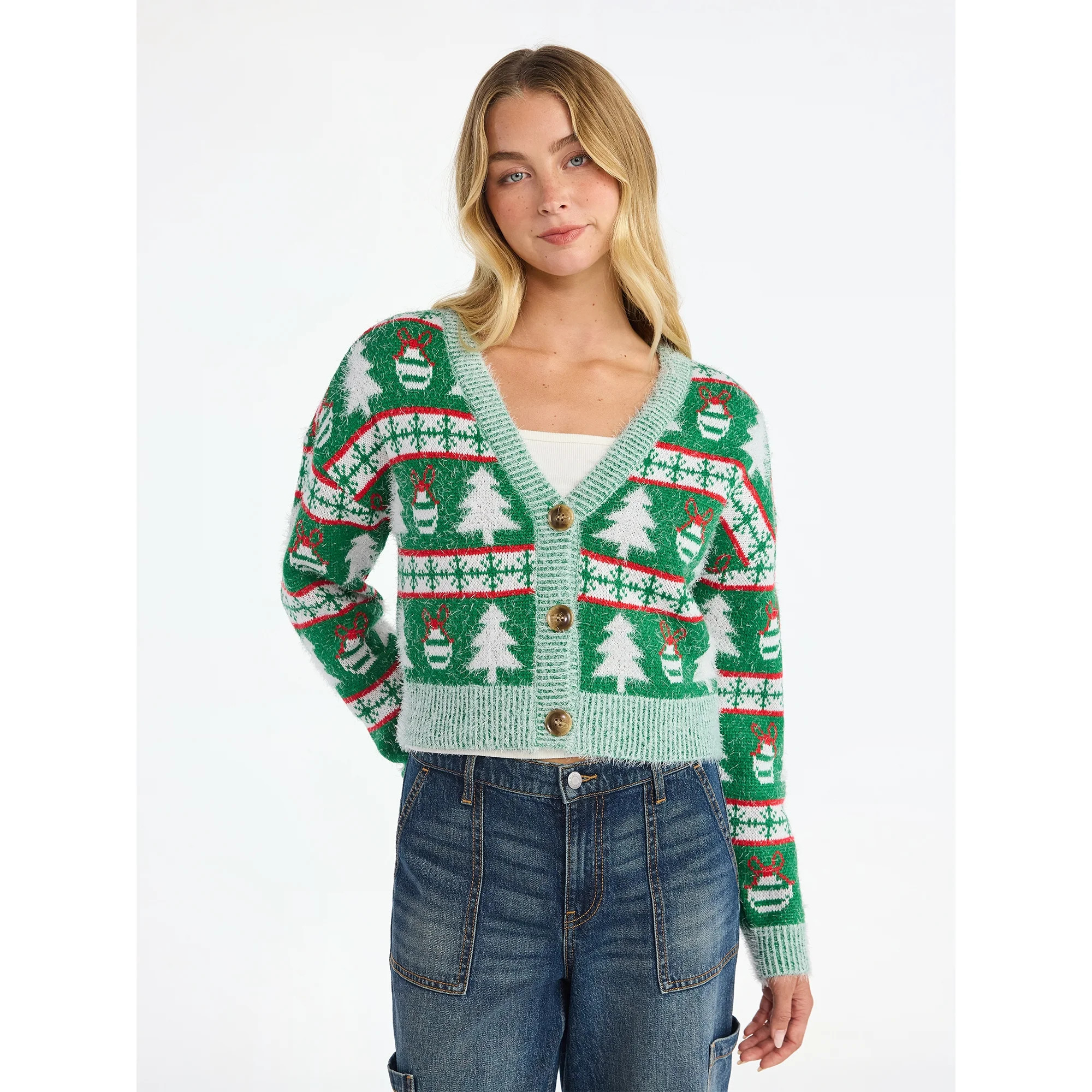 No Boundaries Embroidered Christmas Cardigan, Women's & Women's Plus - Walmart.com | Walmart (US)