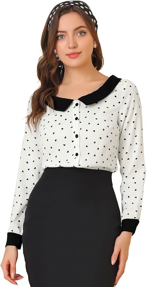 Allegra K Women's Heart Print Blouse Boat Neck 2023 Fall Button Down Shirt Long Sleeve Tops | Amazon (US)