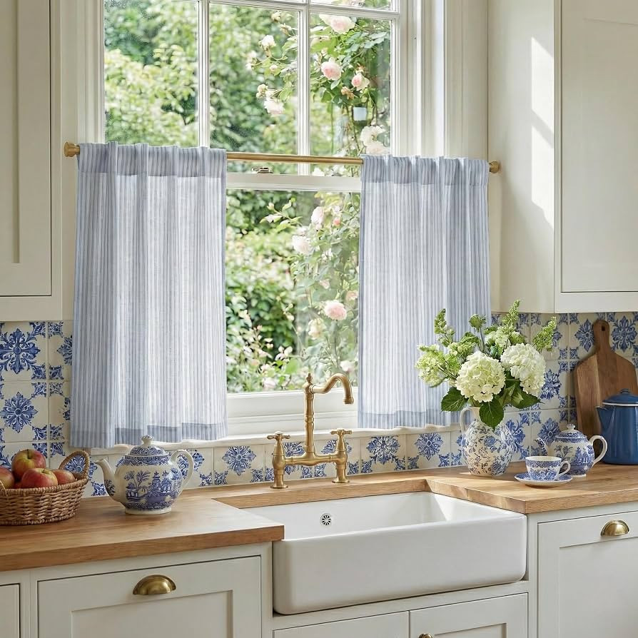 RYB HOME Striped Linen Pinstripe Boho Vintage Kitchen Curtains 36 Inches | Amazon (US)