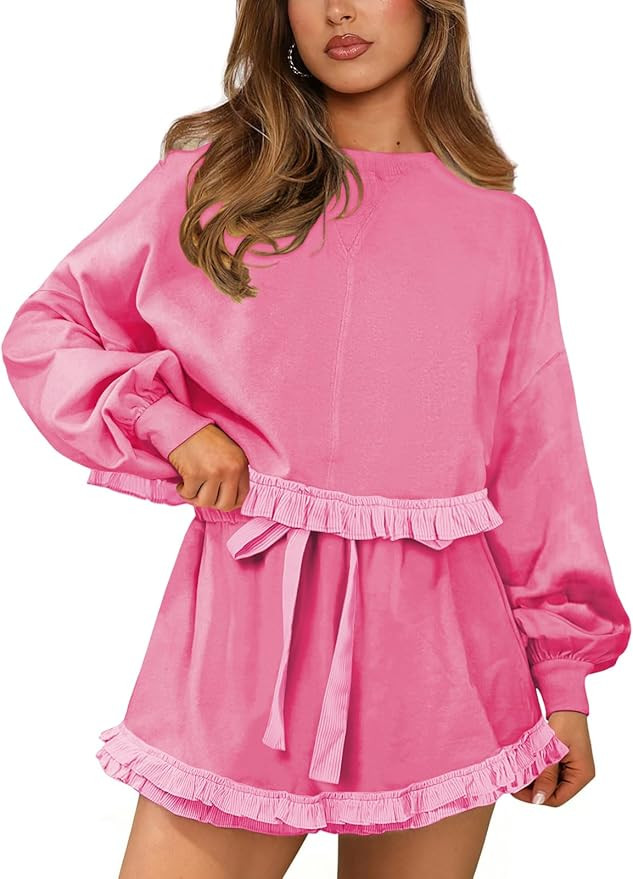 Womens 2 Piece Set Crewneck Sweatshirt Ruffle short Sets Fall Fashion cute tennis Matching Lounge... | Amazon (US)