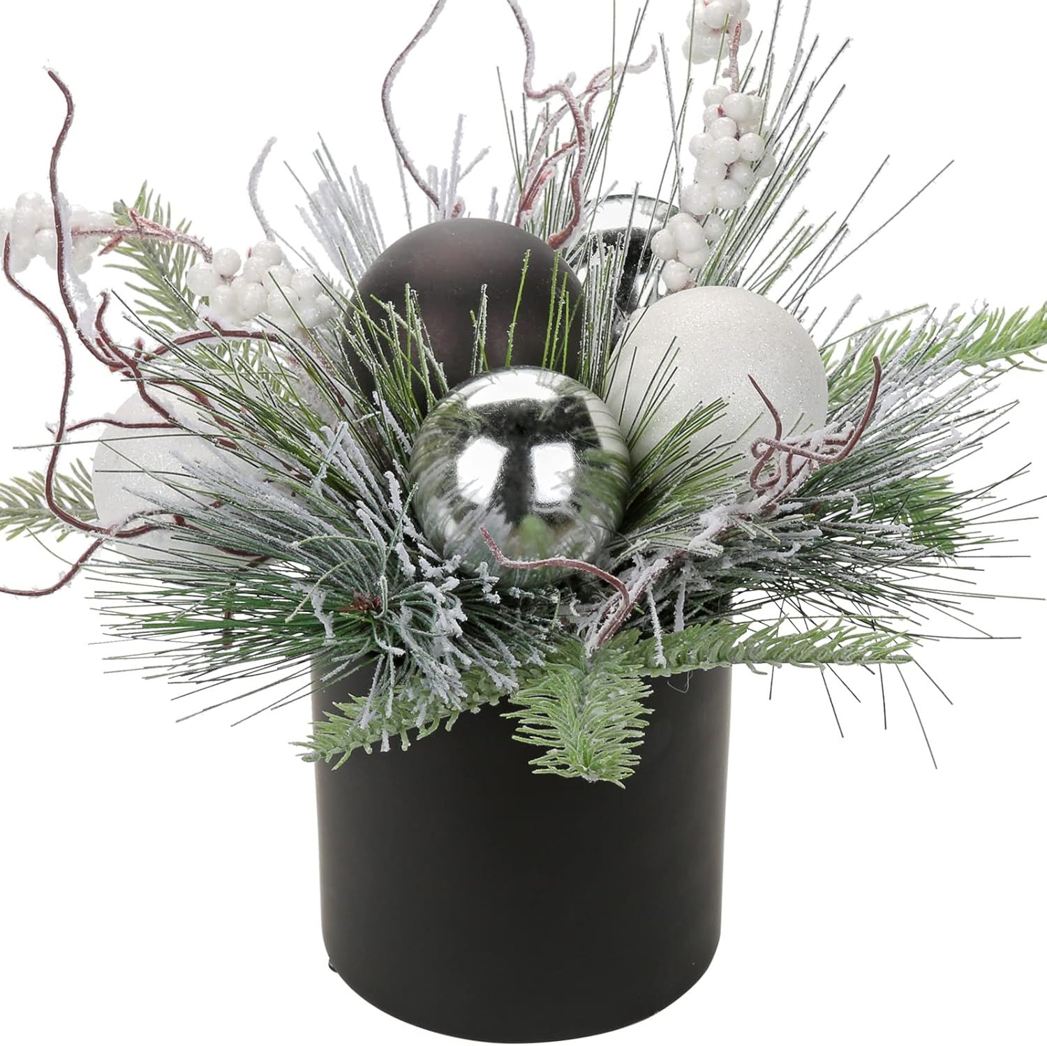 Briful 10 Inch Mini Christmas Tree Artificial Potted with Holly Pine Snowy and Black White Silver... | Amazon (US)