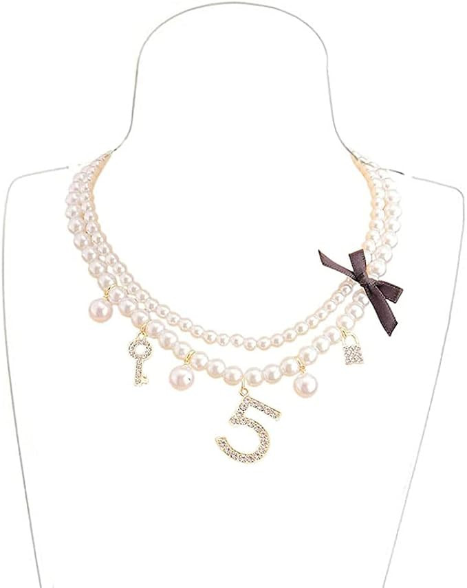 Dainty Simulated Pearls Choker Layered Pearl Necklace Rhinestone Number 5 Dangle Necklace for Wom... | Amazon (US)