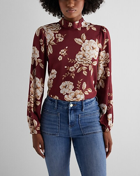 Floral Mock Neck Long Sleeve Button Back Top | Express
