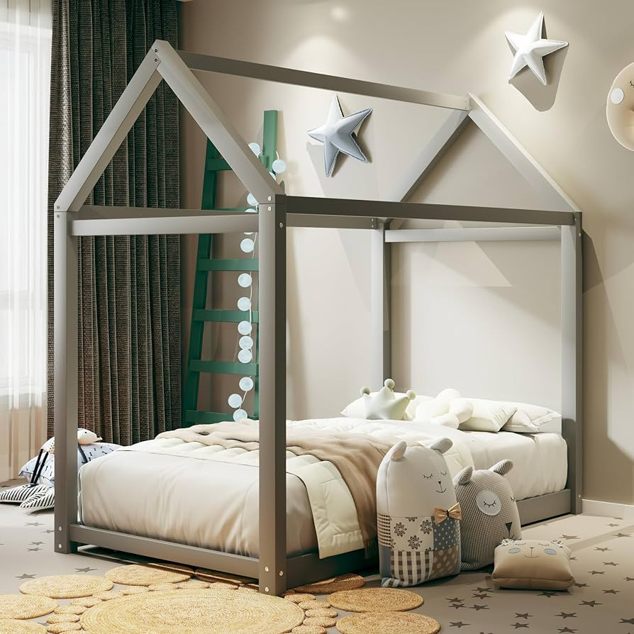 Merax Wood House Bed,Floor Bed with Wood Slats,No Box Spring Needed,Twin Size, Grey | Amazon (US)