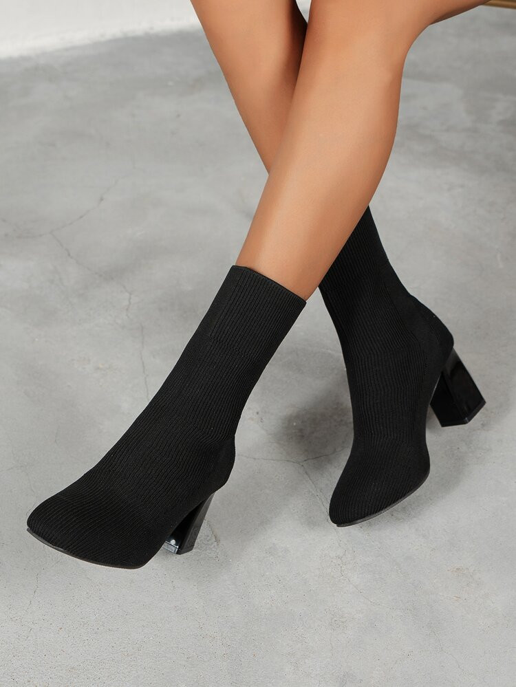 Minimalist Chunky Heeled Slip-On Sock Boots | SHEIN