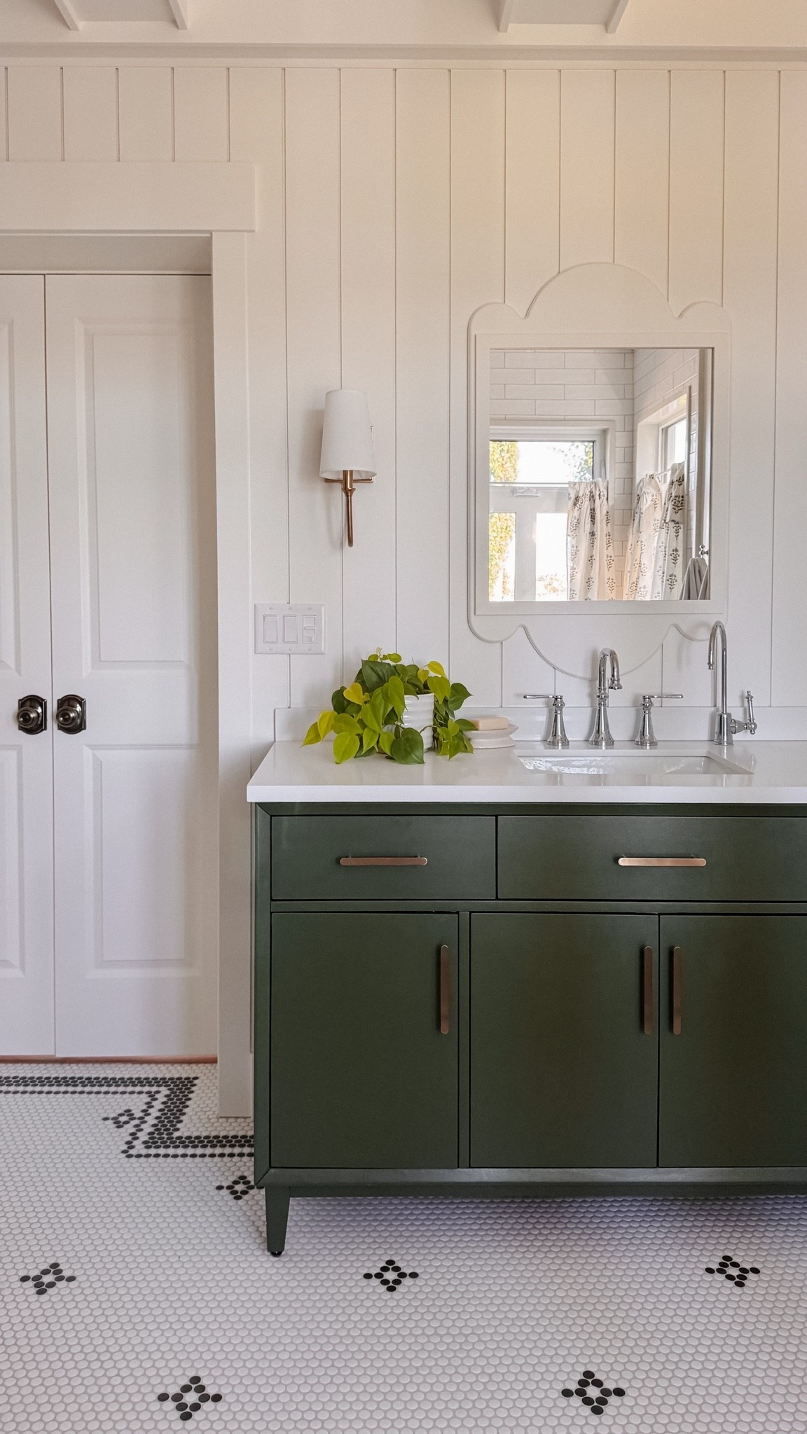 Modern farmhouse, cottage inspired bathroom. Green vanity, chrome and brass fixtures, moen faucet, shiplap, tongue and groove, mosaic tile

#LTKhome