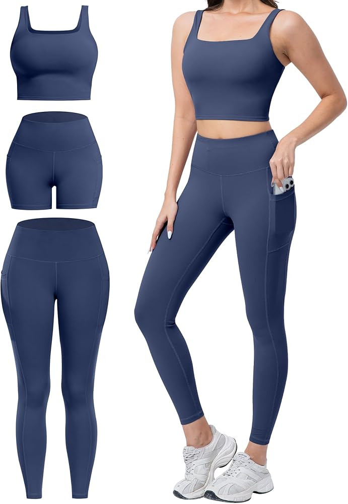 3 Piece Workout Sets for Women High Waisted Leggings with Pockets Tummy Control Biker Shorts Yoga... | Amazon (US)