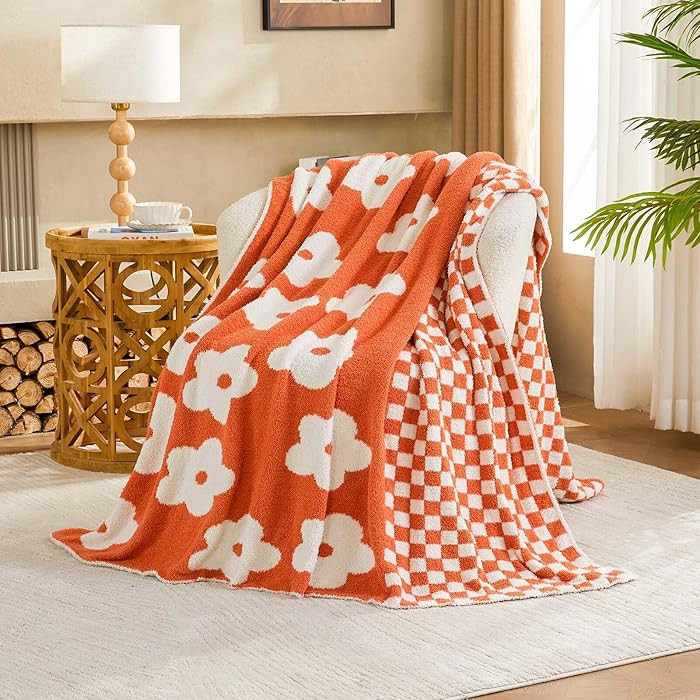 Checkered Throw Blanket, Orange Flower Blanket for Couch, 50"x60" Soft Plaid Knit Blanket for Hom... | Amazon (US)